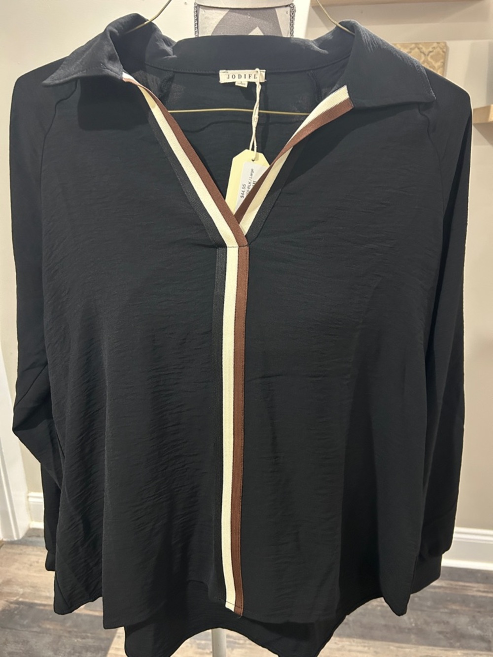 JODIFL Black V-Neck Polo Blouse with Cream and Brown Stripe Trim
